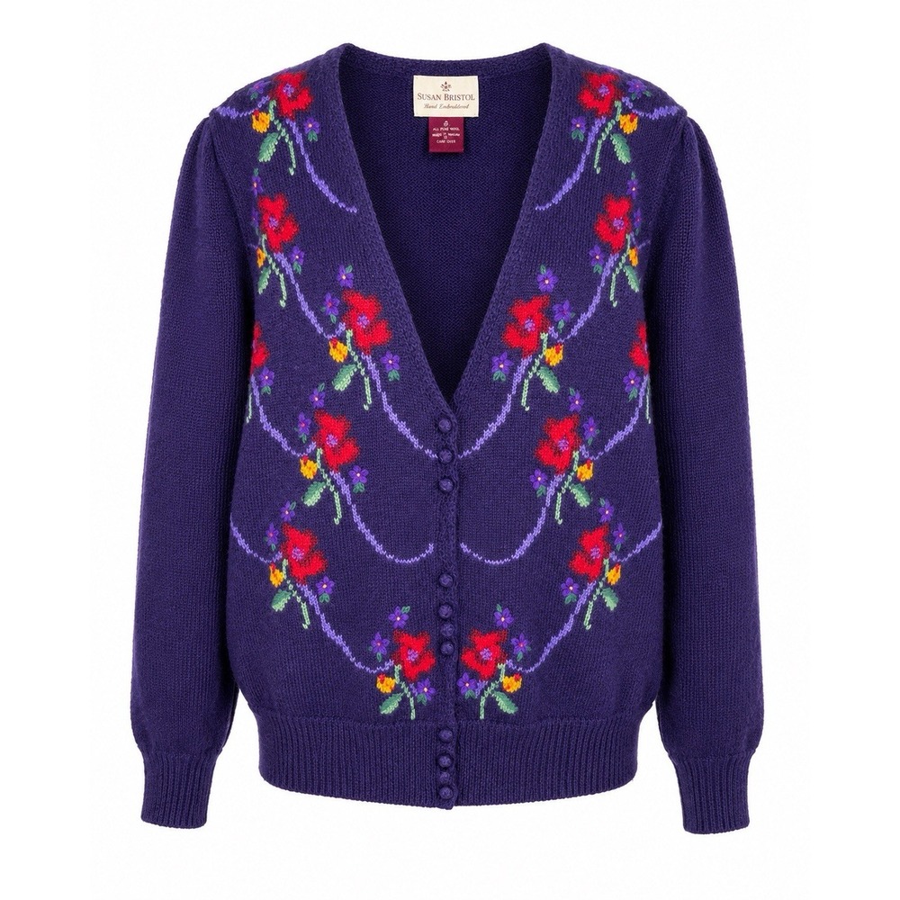 Vintage Susan Bristol Cardigan L Purple Floral Embroidered Wool Cottagecore